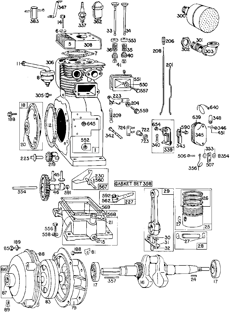 Cylinder,gear Case,piston Diagram and Parts List for 200431-0023-XX  Briggs and Stratton Engine